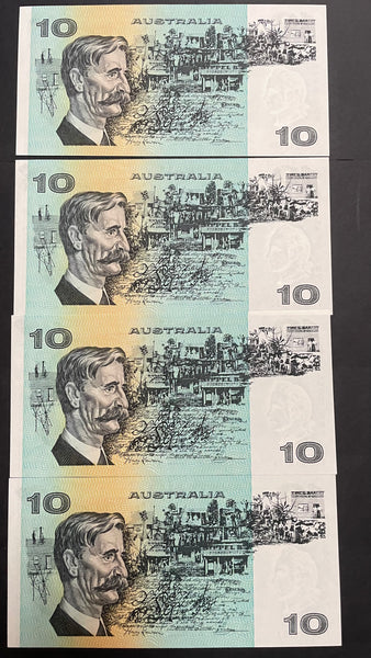 Australia $10 Banknote Knight Stone, Gothic Serial Numbers Uncirculated Run of 4 R307a