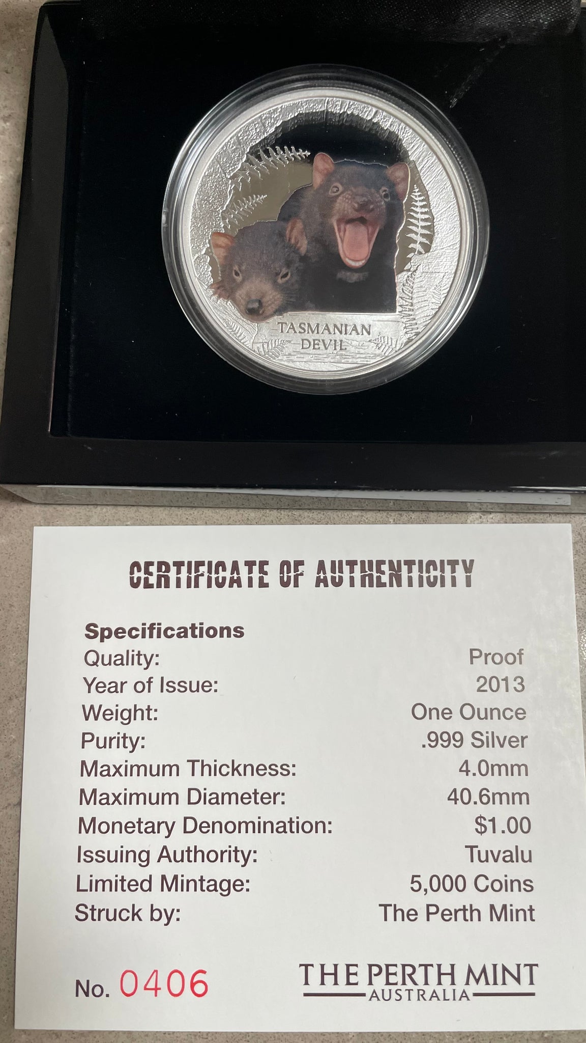 Tuvalu 2013 $1 Endangered Tasmanian Devil 1oz 999 Silver Proof Coin