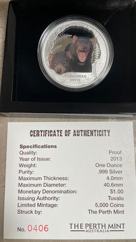 Tuvalu 2013 $1 Endangered Tasmanian Devil 1oz 999 Silver Proof Coin