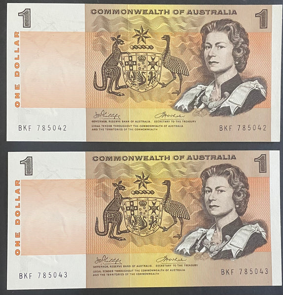 Australia 1974 R74 $1 Commonwealth of Australia Phillips/Wheeler Uncirculated PAIR