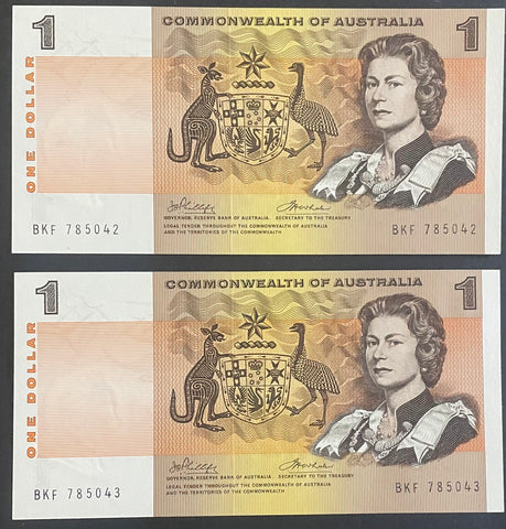 Australia 1974 R74 $1 Commonwealth of Australia Phillips/Wheeler Uncirculated PAIR