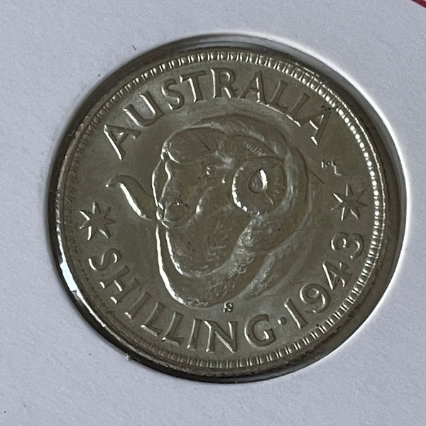 Australia 1943S San Francisco mintmark 1/- One Shilling silver coin about Uncirculated