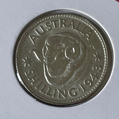Australia 1943S San Francisco mintmark 1/- One Shilling silver coin about Uncirculated