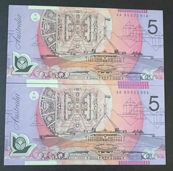 Australia 1995 $5 Evans Fraser Polymer Banknote Uncirculated Pair R217AA