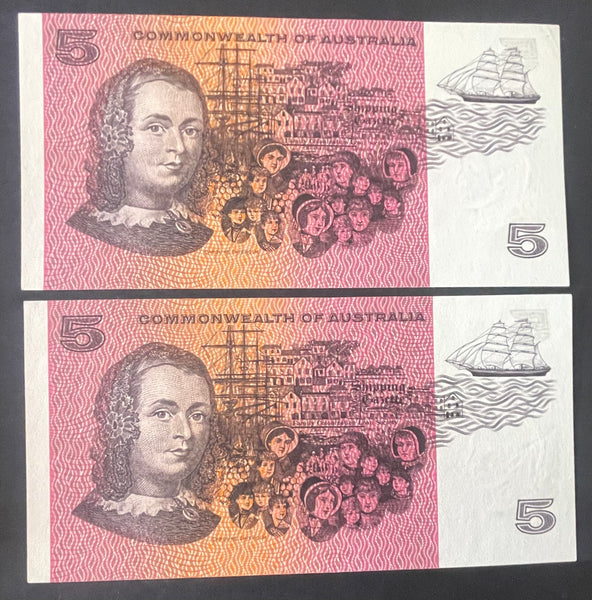 Australia 1967 $5 Coombs/Randall Uncirculated Banknote Consecutive Pair R202