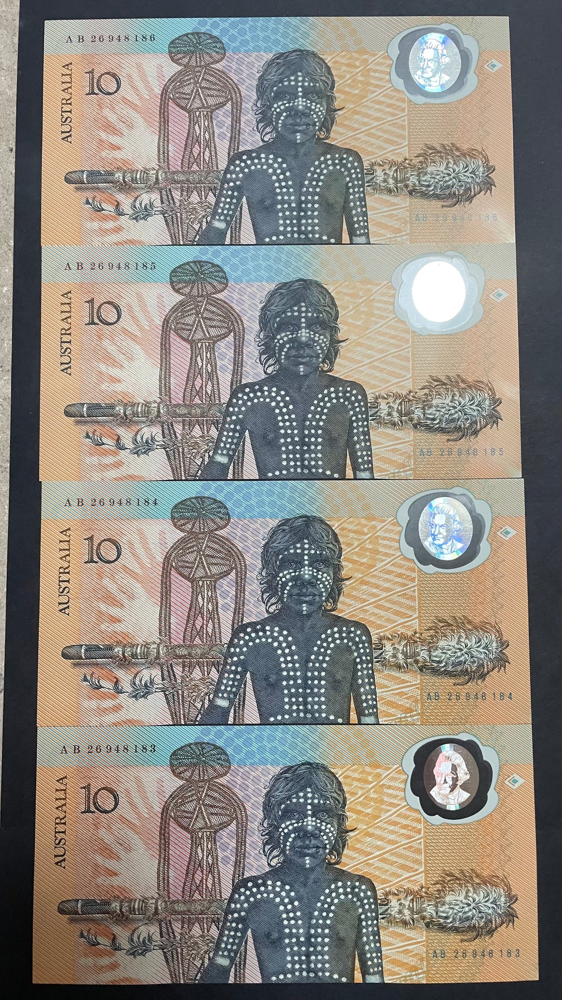 Australia 1988 $10 Johnston Fraser Polymer "AB" First Printing Run of 4 R310a Mc173a