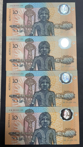 Australia 1988 $10 Johnston Fraser Polymer "AB" First Printing Run of 4 R310a Mc173a