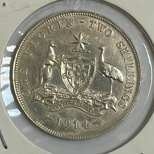 Australia 1914 2/- Florin Silver Coin Extremely Fine Condition