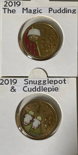 2019 Royal Australian Mint $1 Snugglepot & Cuddlepie plus 2018 Magic Pudding Coloured Uncirculated Coins.