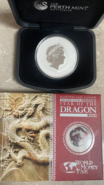 Australia 2012 Year of the Dragon "World Money Fair " .999 1oz Coloured Silver Coin