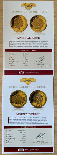 Macquarie Mint "The Smallest Gold Coins of The World" Collection 44 x .5 gram gold coins