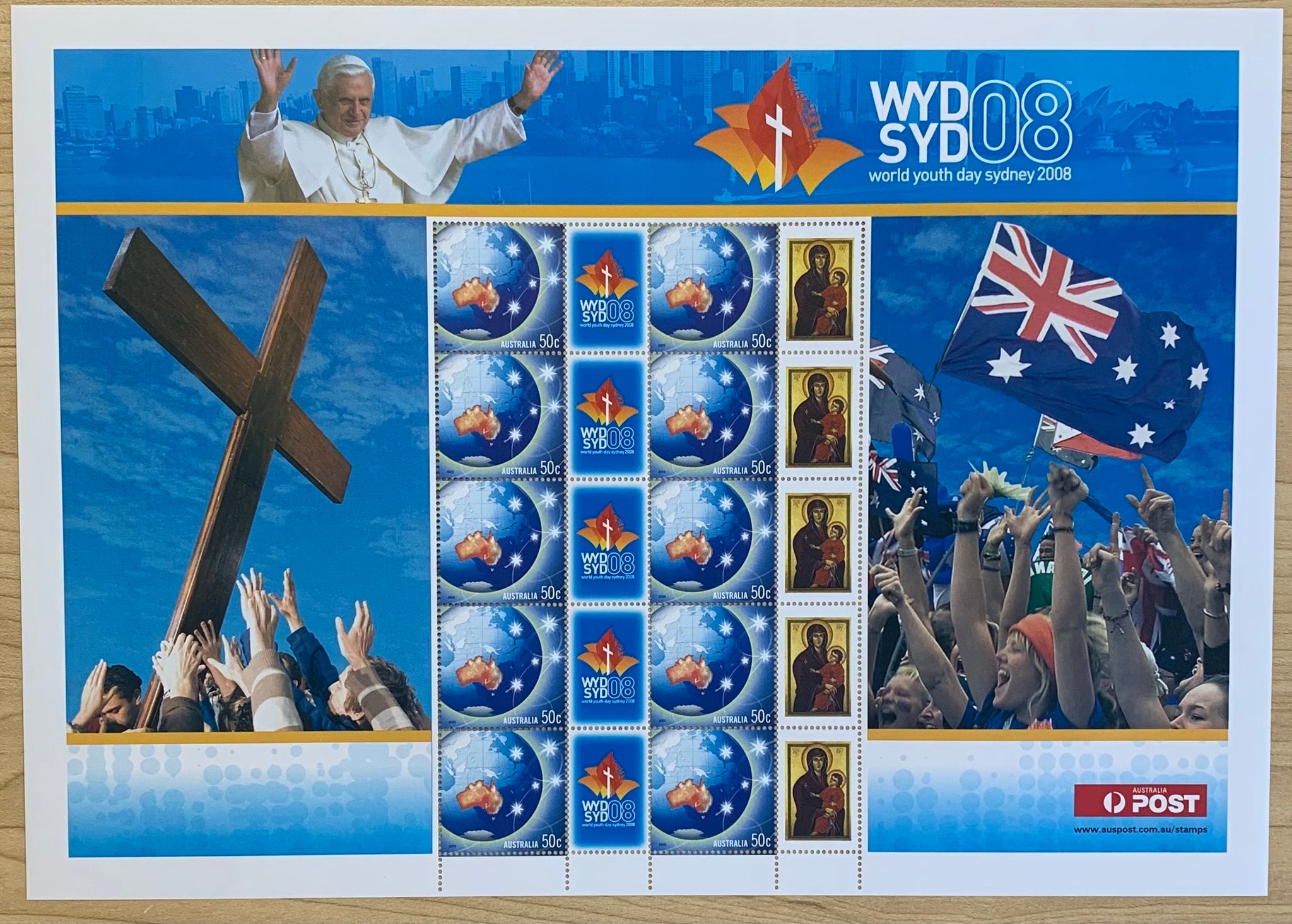 2008 WYD World Youth Day MUH 50c Globe with Personalised Tab - Symbol and Madonna & Child