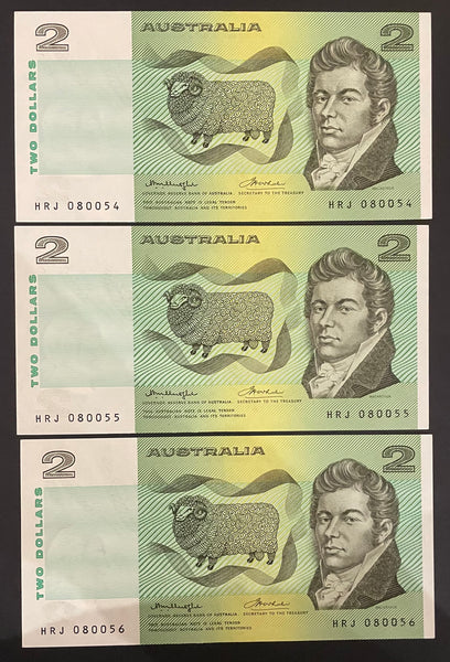 Australia $2 Knight/Wheeler OCRB Centre Thread about Uncirculated Run of 3. R86b