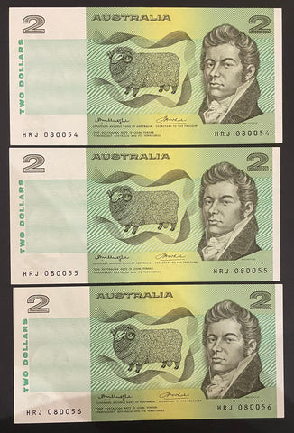 Australia $2 Knight/Wheeler OCRB Centre Thread about Uncirculated Run of 3. R86b