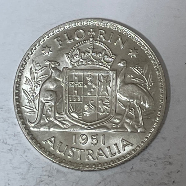Australia 1951 2/- Florin Silver Coin about Uncirculated