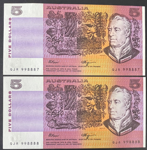 R212L 1991 Australia $5 Fraser Higgins Five Dollars Banknote Last Prefix Pair
