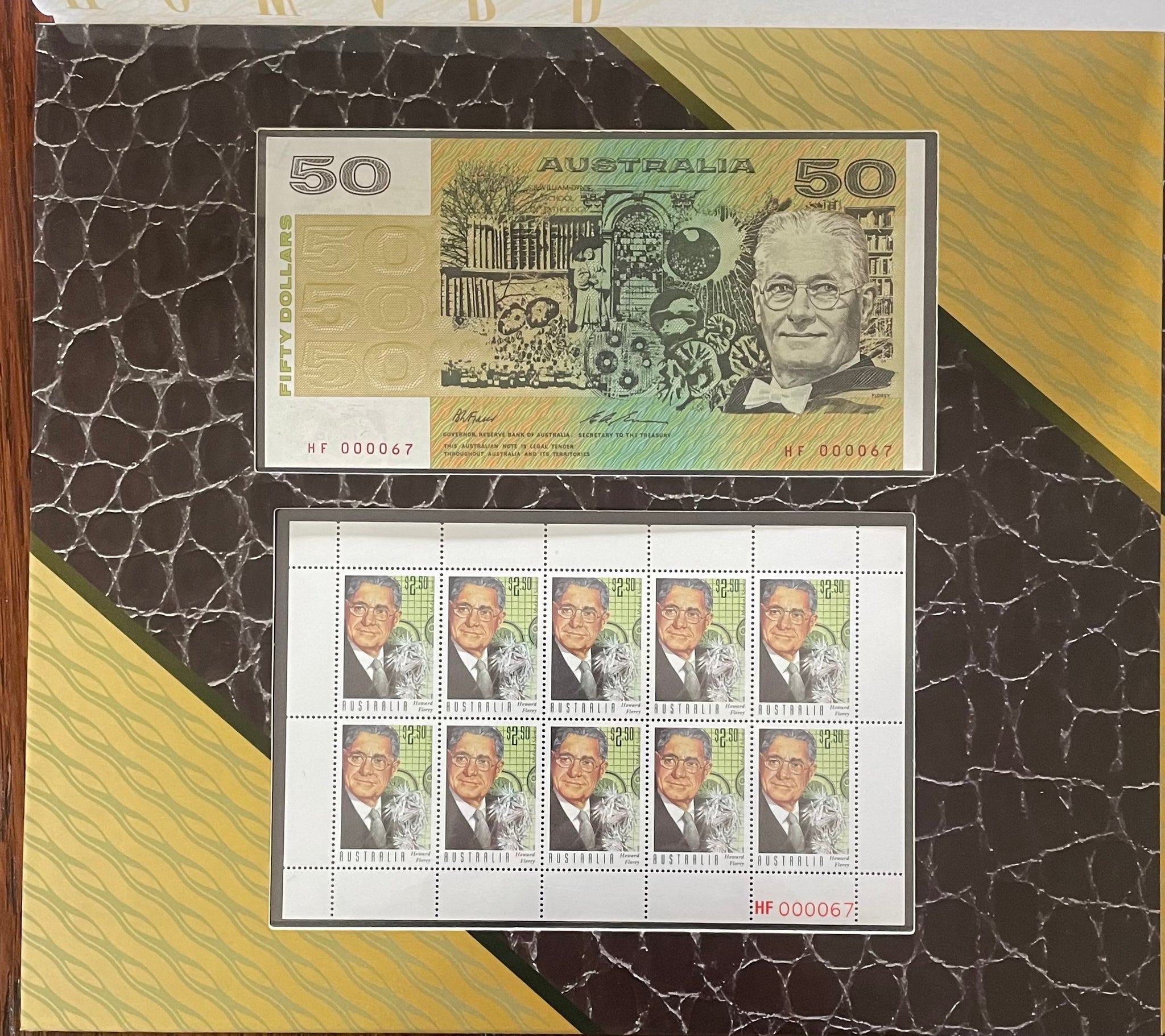 Australia 1995 Howard Florey Stamps and $50 Banknote Portfolio Red Serial Numbers