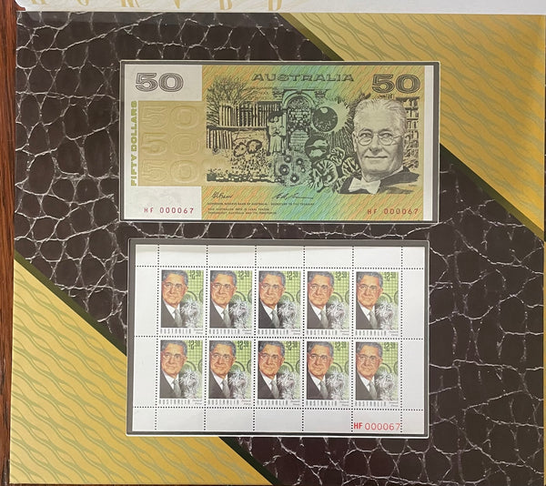 Australia 1995 Howard Florey Stamps and $50 Banknote Portfolio Red Serial Numbers