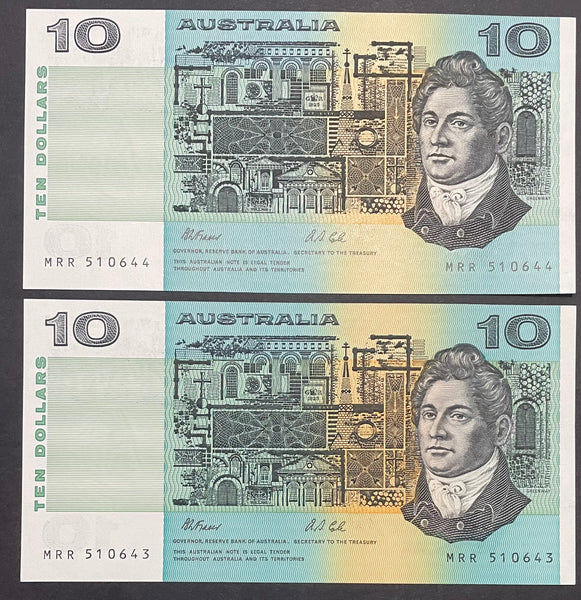 Australia 1991 $10 Fraser Cole Ten Dollars Uncirculated Pair with Plate Letter Q. R313aL &  313bL