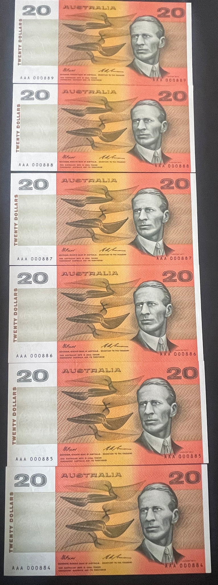 Australia 1991 $20 AAA000 Fraser Cole Uncirculated Run of 6. R413i