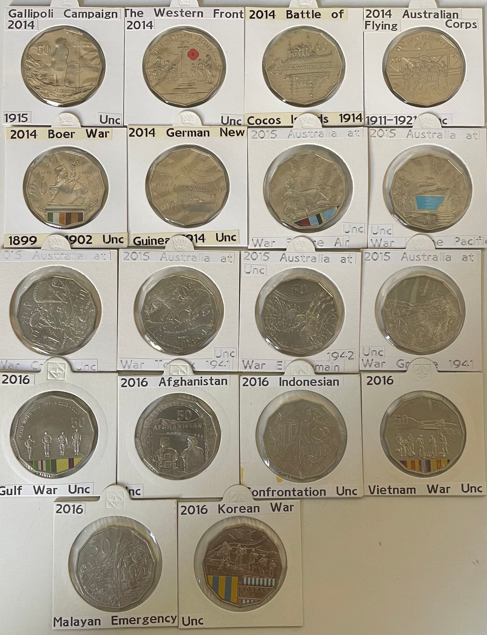 Australia 2014 - 2016 Royal Australian Mint Fifty Cents 50c Australians at War set of 18 Uncirculated Coins
