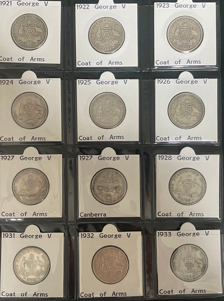 Australia 1910-63 Complete Set of 2/- Florin Silver Coins. Very Good to Extremely Fine