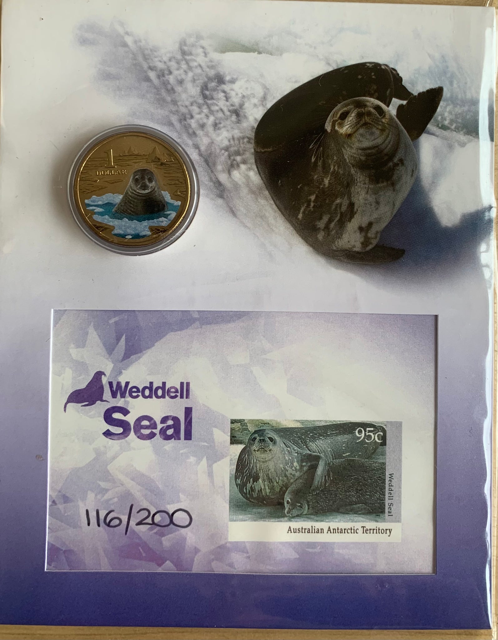 AAT Australian Antarctic Territory 1992 RAM $1 Uncirculated coloured Coin and stamp set Weddell Seal