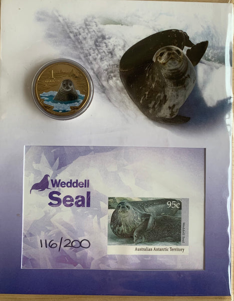 AAT Australian Antarctic Territory 1992 RAM $1 Uncirculated coloured Coin and stamp set Weddell Seal