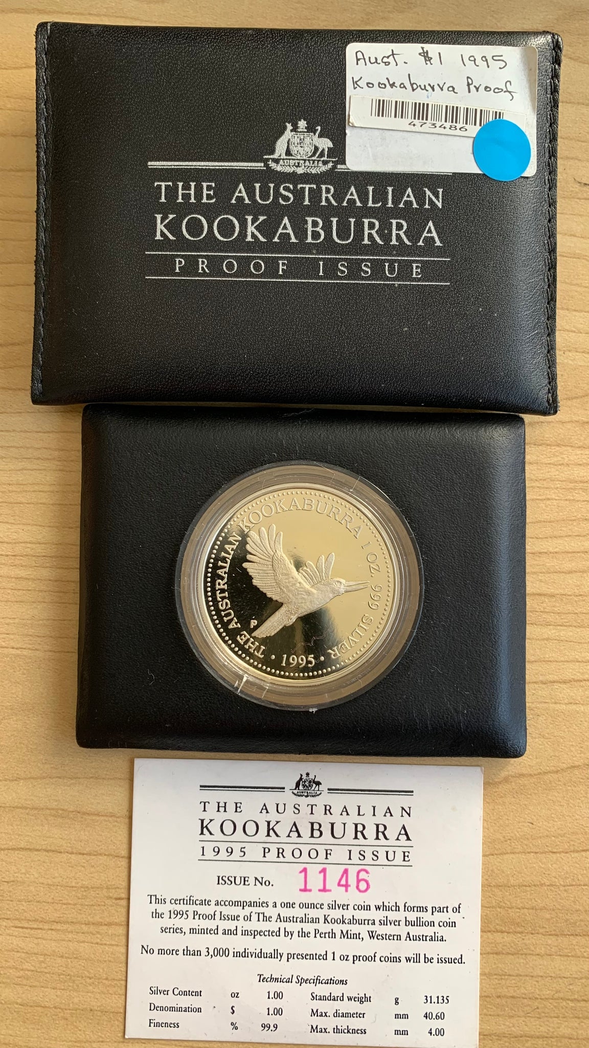 Australia 1995 Perth Mint $1 Kookaburra 1oz Silver Proof Coin