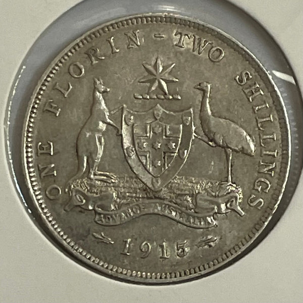 Australia 1915  2/- Florin Silver Coin Fine+ Condition