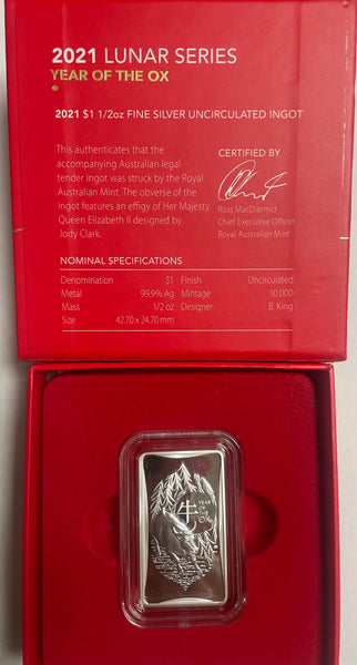 Australia 2021 Royal Australian Mint $1 Lunar New Year of the Ox 1/2oz Silver Uncirculated Ingot