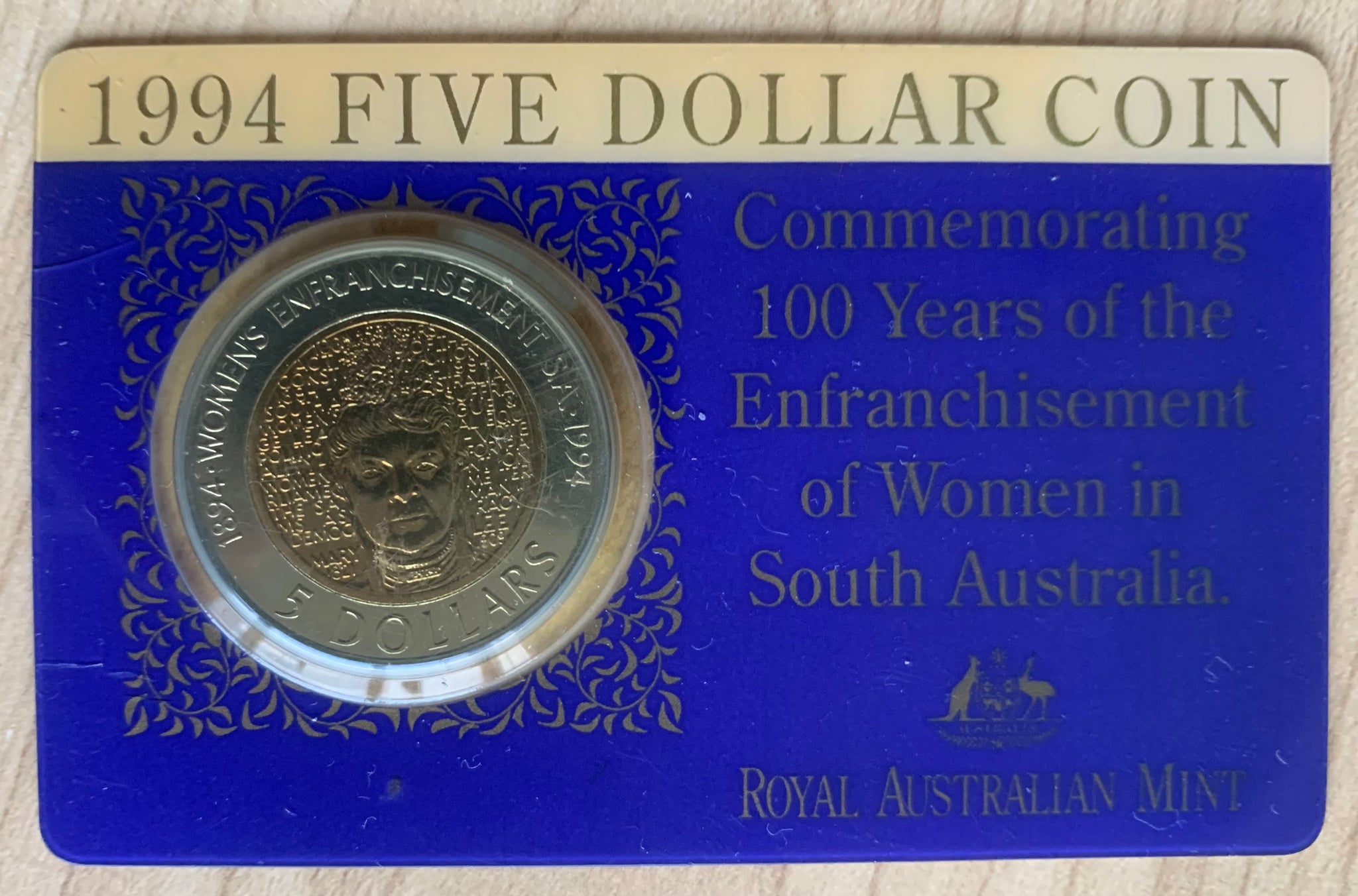 1994 RAM $5 Uncirculated Carded Coin Commemorating 100 years Enfranchisement of Women in South Australia