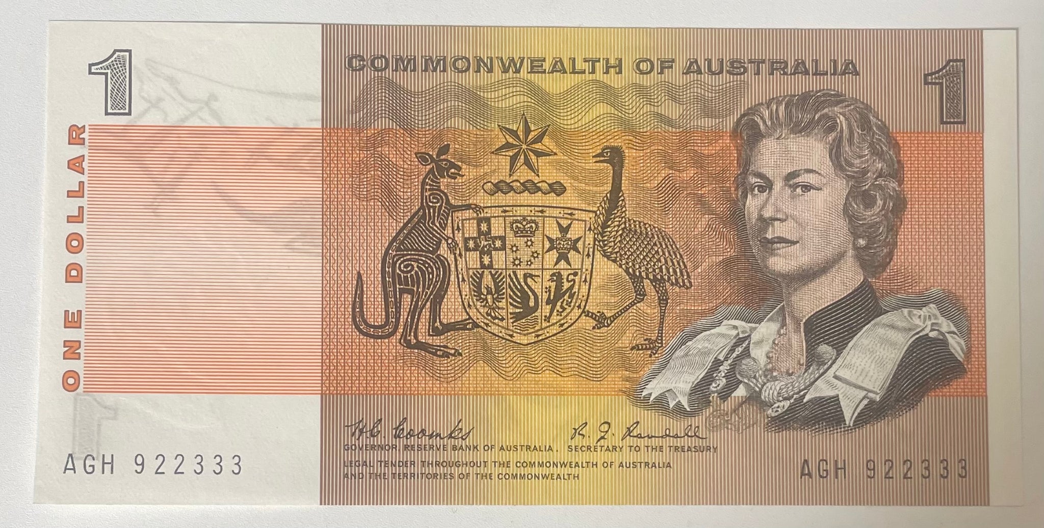 Australia $1 Commonwealth Of Australia Coombs/Randall Banknote. Light centre fold, about Uncirculated. R72