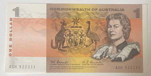 Australia $1 Commonwealth Of Australia Coombs/Randall Banknote. Light centre fold, about Uncirculated. R72