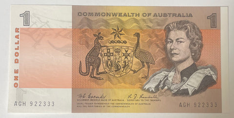 Australia $1 Commonwealth Of Australia Coombs/Randall Banknote. Light centre fold, about Uncirculated. R72