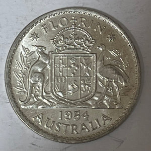 Australia 1954 2/- Florin Silver Coin About Uncirculated