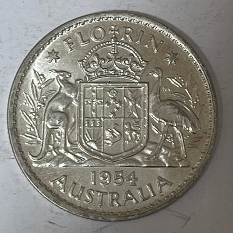 Australia 1954 2/- Florin Silver Coin About Uncirculated