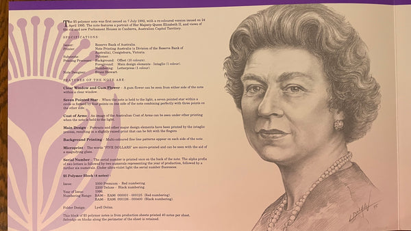 Australia 1996 $5 Polymer Fraser/Evans Uncut Block of 4 Red serial number Banknote