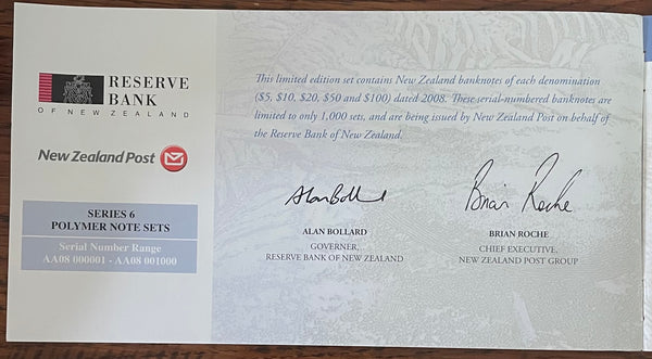 New Zealand 2008 Matching Serial Numbered Banknote Set in Folder with $5,  $10, $20, $50 & $100 Polymer Notes