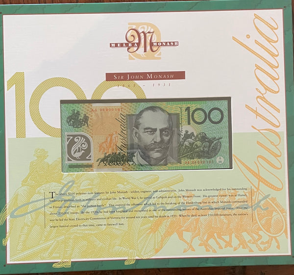 Australia 1996 $100 Last Paper and First Polymer Uncirculated Banknote Portfolio Red Serial Numbers