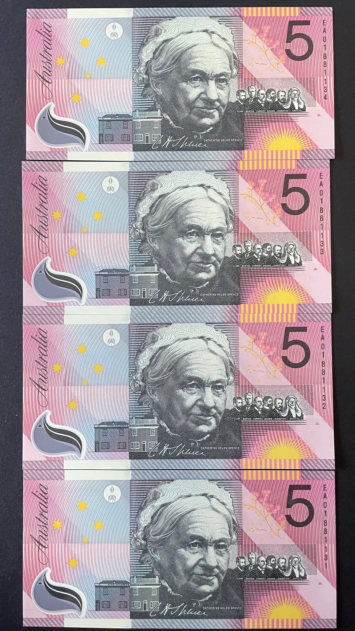 Australia $5 Federation Henry Parks, Catherine Spence  Polymer Uncirculated Run of 4 R219