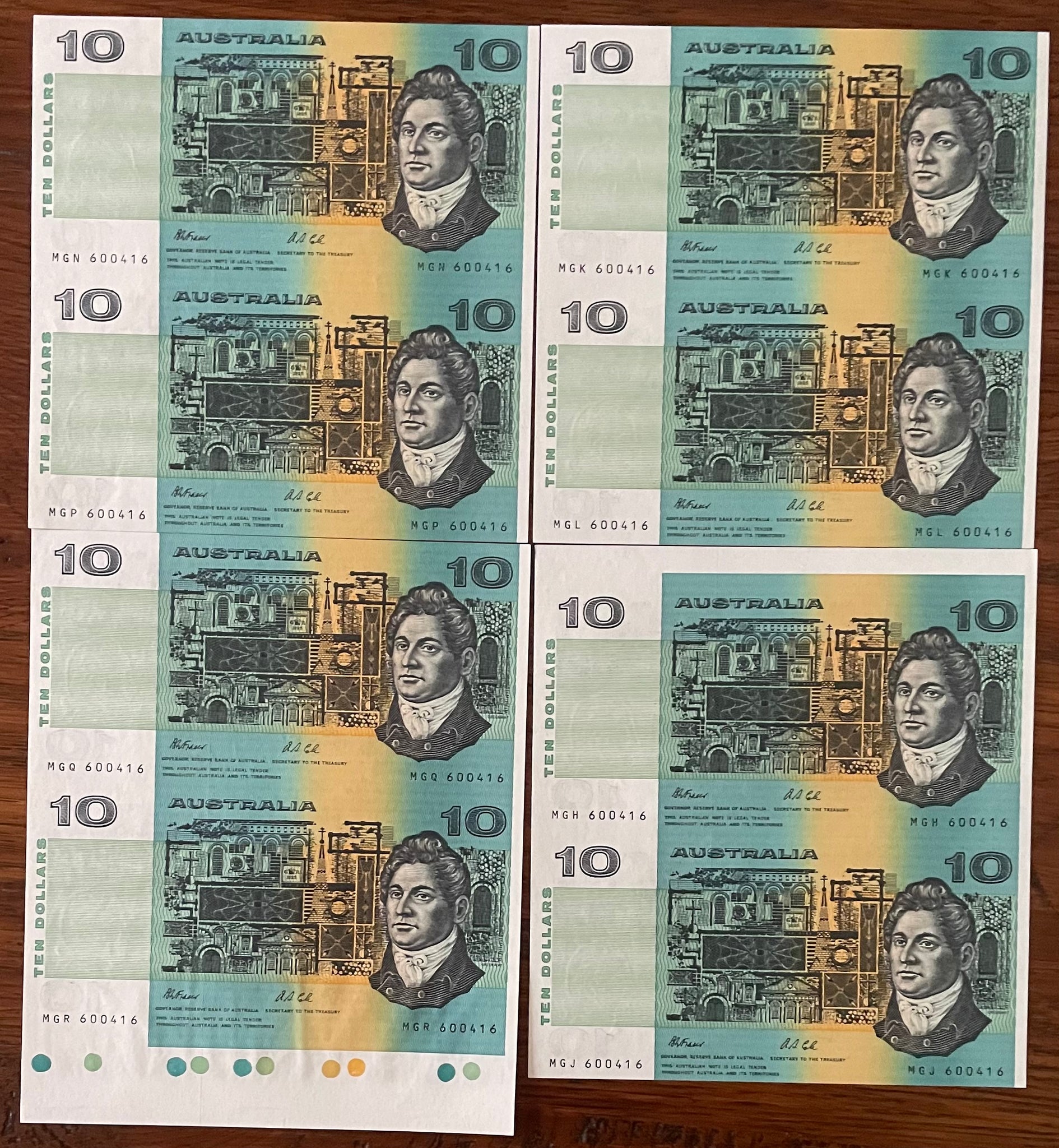 Australia 1991 $10 Fraser/Cole Banknote Uncut pairs x 4. R313