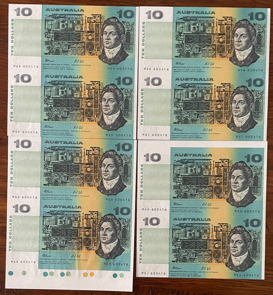 Australia 1991 $10 Fraser/Cole Banknote Uncut pairs x 4. R313