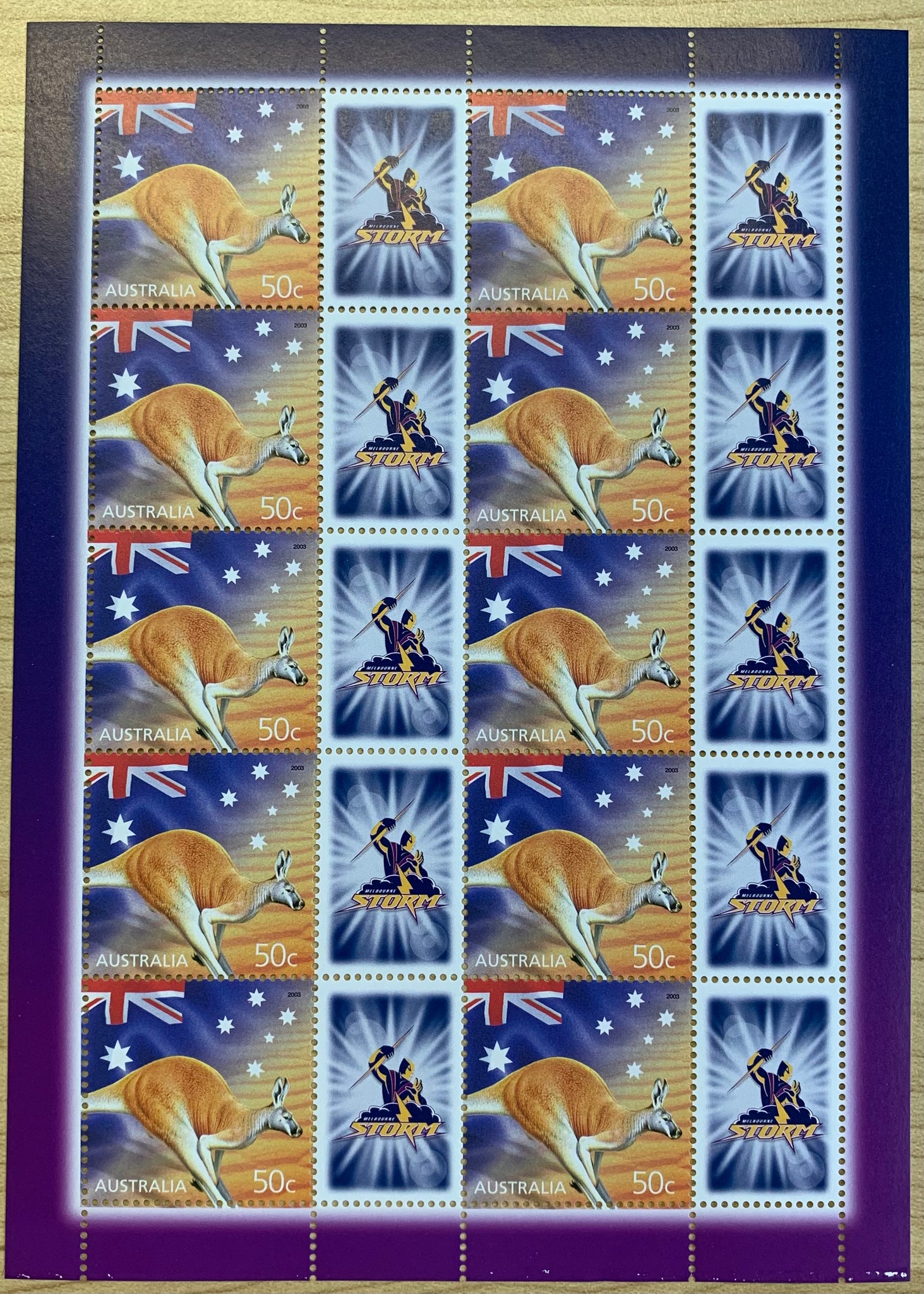 2003 Kangaroo with Melbourne Storm 50c Australia stamp sheet of 10