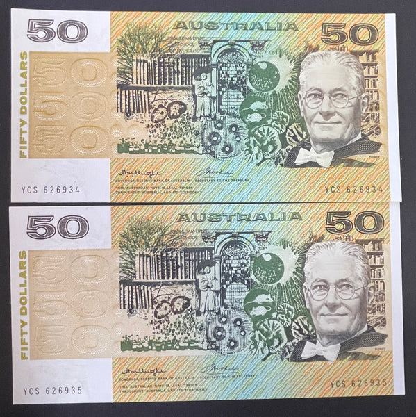 Australia $50 Knight Wheeler Side Thread Banknote Uncirculated Pair R506b