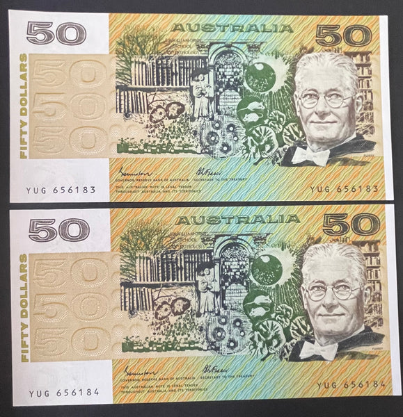 Australia 1989 $50 Phillips Higgins Uncirculated Pair Banknote R511