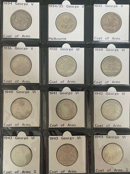 Australia 1910-63 Complete Set of 2/- Florin Silver Coins. Very Good to Extremely Fine