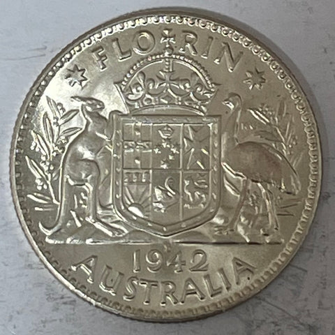 Australia 1942s Mint 2/- Florin Silver Coin about Uncirculated