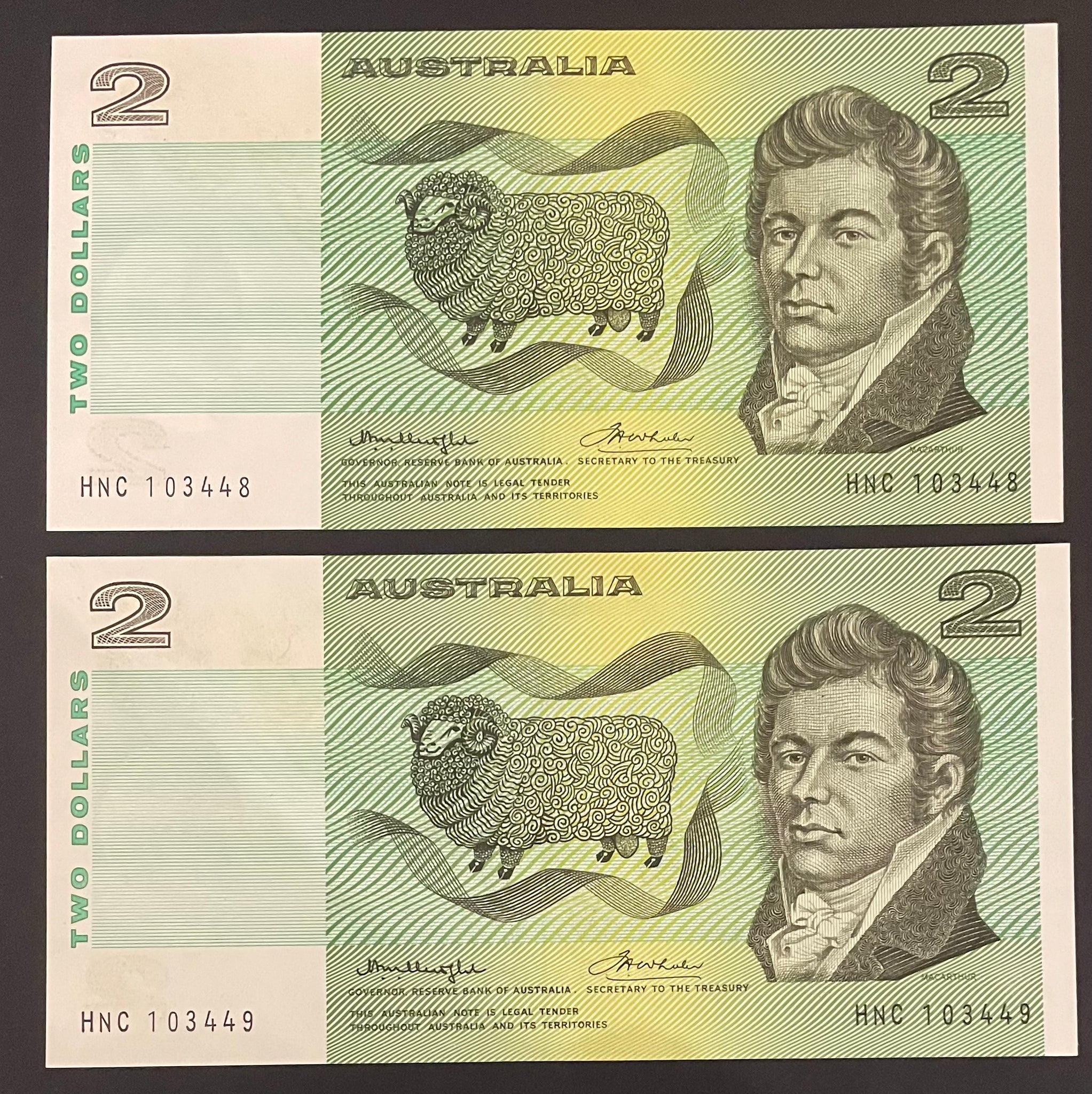 Australia $2 Knight/Wheeler Gothic Centre Thread Pair about Uncirculated R86a