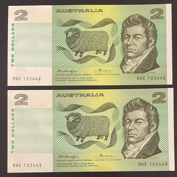 Australia $2 Knight/Wheeler Gothic Centre Thread Pair about Uncirculated R86a